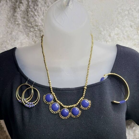Lucky‎ Brand Gold and Blue Coordinating 3pc Set of Jewelry Necklace Earrings and - Picture 1 of 8